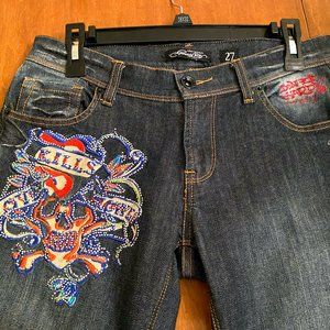 Ed Hardy by Christian Audigier Embroidered Tattoo Skull Straight Leg Jeans